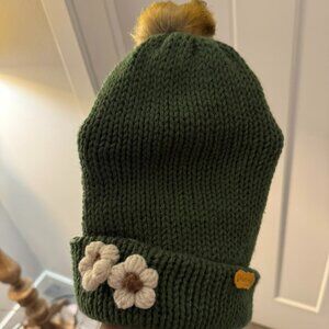 Handmade Knit Green Beanie with Pom Pom and Flowers
